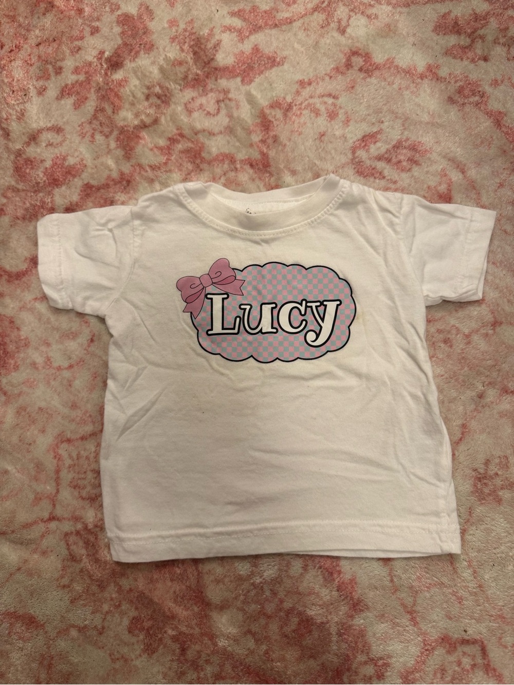Personalized 'Lucy' White Kids T‑Shirt with Pink Accent